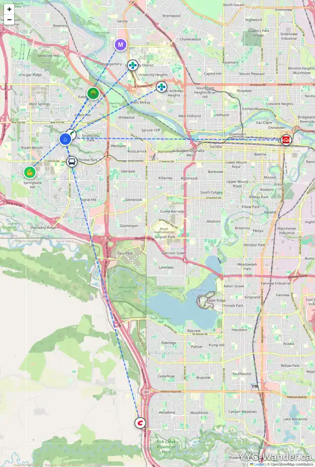 Daily accessibility map for 35 ASPEN RIDGE LN SW, Calgary showing nearby schools, grocery stores, parks, LRT stations and nearby amenities