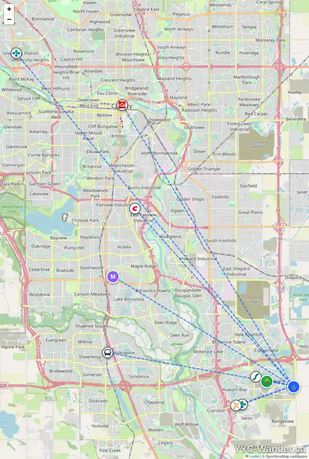 Daily accessibility map for 582 MASTERS RD SE, Calgary showing nearby schools, grocery stores, parks, LRT stations and nearby amenities