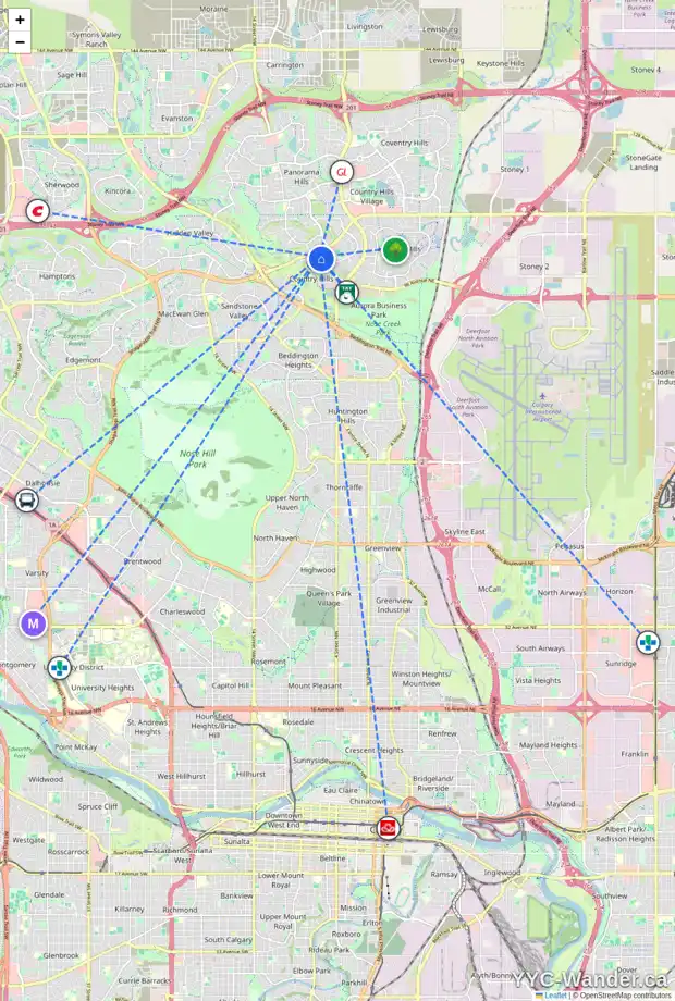 Daily accessibility map for 45 COUNTRY HILLS BA NW, Calgary showing nearby schools, grocery stores, parks, LRT stations and nearby amenities