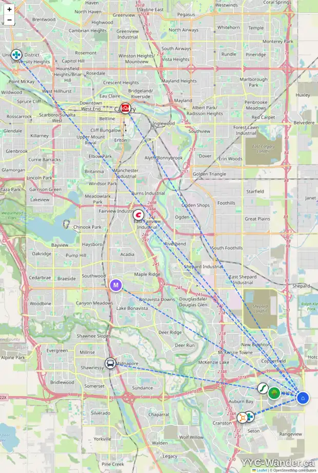 Daily accessibility map for 249 MASTERS RO SE, Calgary showing nearby schools, grocery stores, parks, LRT stations and nearby amenities