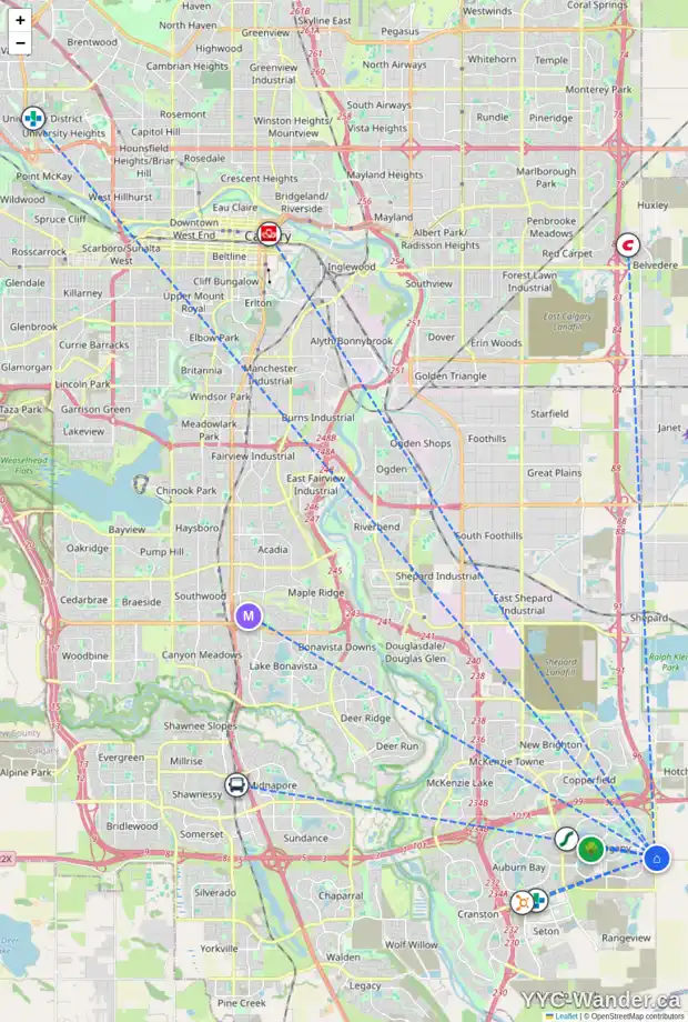 Daily accessibility map for 205 MASTERS RO SE, Calgary showing nearby schools, grocery stores, parks, LRT stations and nearby amenities
