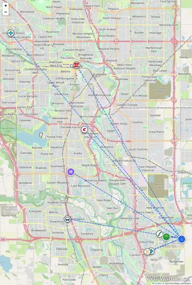 Daily accessibility map for 342 MASTERS RO SE, Calgary showing nearby schools, grocery stores, parks, LRT stations and nearby amenities