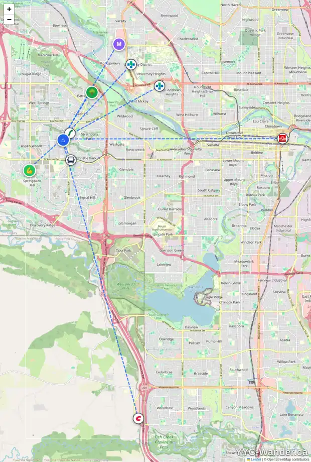 Daily accessibility map for 10 ASPEN RIDGE LN SW, Calgary showing nearby schools, grocery stores, parks, LRT stations and nearby amenities
