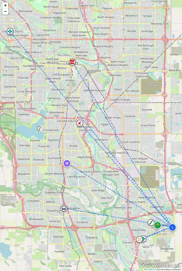 Daily accessibility map for 322 MASTERS RO SE, Calgary showing nearby schools, grocery stores, parks, LRT stations and nearby amenities