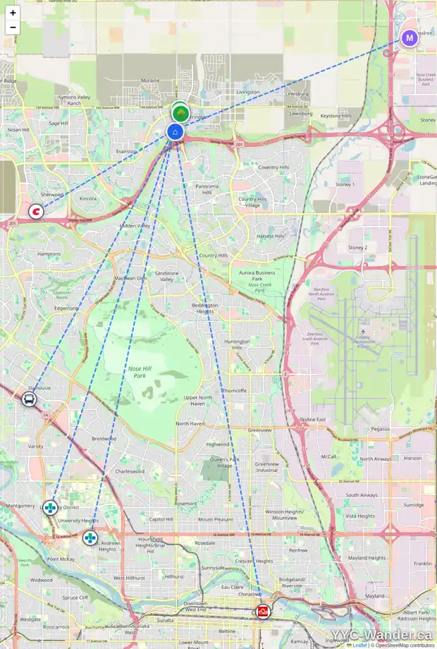 Daily accessibility map for 173 EVANSGLEN DR NW, Calgary showing nearby schools, grocery stores, parks, LRT stations and nearby amenities