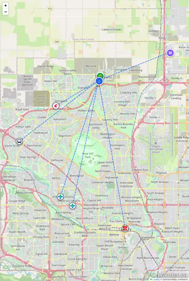 Daily accessibility map for 205 EVANSGLEN DR NW, Calgary showing nearby schools, grocery stores, parks, LRT stations and nearby amenities