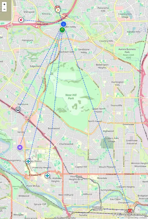 Daily accessibility map for 78 HIDDEN RIDGE VW NW, Calgary showing nearby schools, grocery stores, parks, LRT stations and nearby amenities