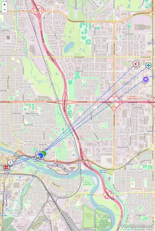Daily accessibility map for 610 38 9 ST NE, Calgary showing nearby schools, grocery stores, parks, LRT stations and nearby amenities