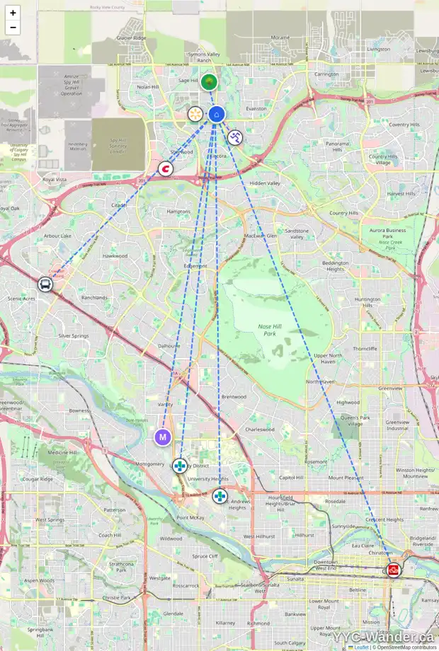 Daily accessibility map for 224 4 SAGE HILL TC NW, Calgary showing nearby schools, grocery stores, parks, LRT stations and nearby amenities