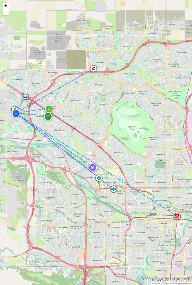 Daily accessibility map for 117 TUSCANY RIDGE PA NW, Calgary showing nearby schools, grocery stores, parks, LRT stations and nearby amenities