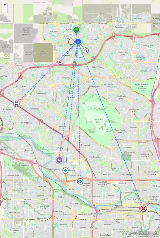 Daily accessibility map for 319 8 SAGE HILL TC NW, Calgary showing nearby schools, grocery stores, parks, LRT stations and nearby amenities