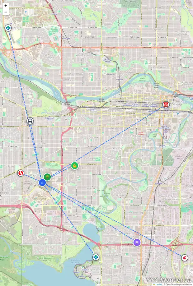 Daily accessibility map for 82 DIEPPE DR SW, Calgary showing nearby schools, grocery stores, parks, LRT stations and nearby amenities