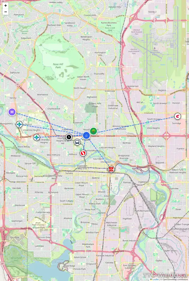Daily accessibility map for 406 1740 9 ST NW, Calgary showing nearby schools, grocery stores, parks, LRT stations and nearby amenities
