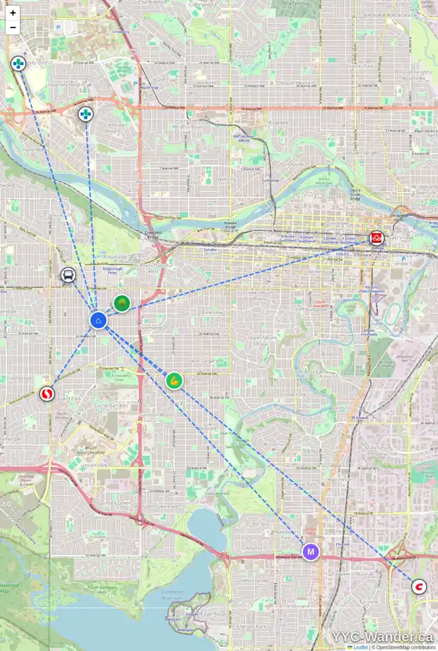 Daily accessibility map for 2 2408 29 ST SW, Calgary showing nearby schools, grocery stores, parks, LRT stations and nearby amenities