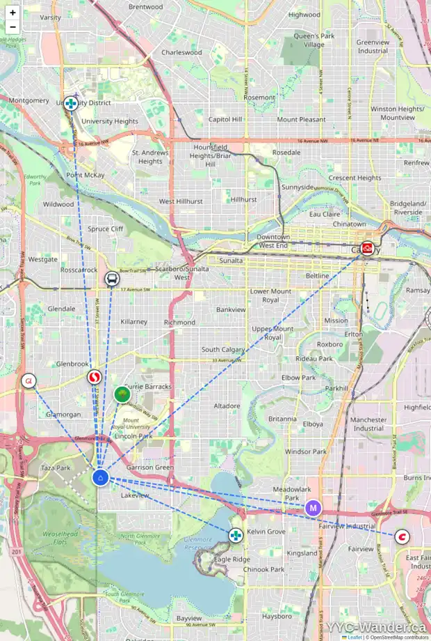 Daily accessibility map for 5832 37 ST SW, Calgary showing nearby schools, grocery stores, parks, LRT stations and nearby amenities