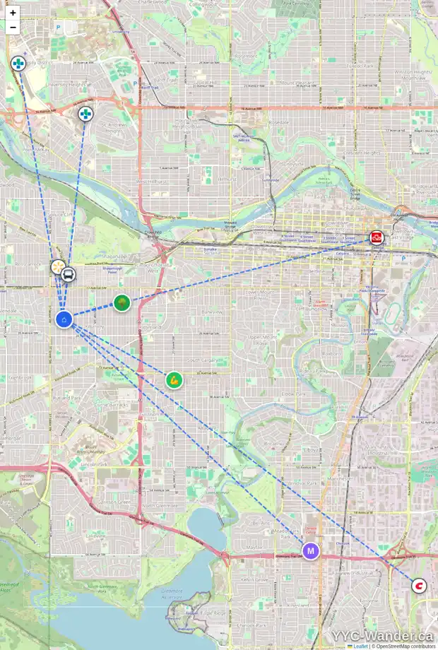 Daily accessibility map for 2408 35 ST SW, Calgary showing nearby schools, grocery stores, parks, LRT stations and nearby amenities