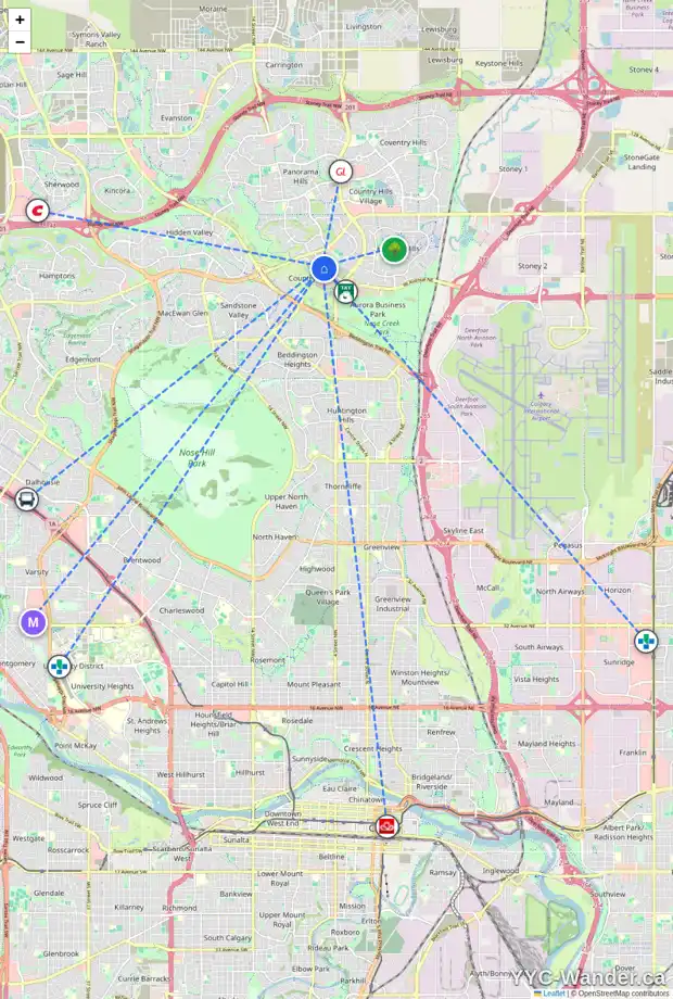 Daily accessibility map for 16 COUNTRY HILLS GA NW, Calgary showing nearby schools, grocery stores, parks, LRT stations and nearby amenities