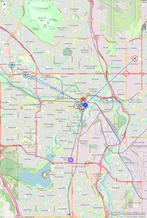 Daily accessibility map for 1130 3 ST SE, Calgary showing nearby schools, grocery stores, parks, LRT stations and nearby amenities