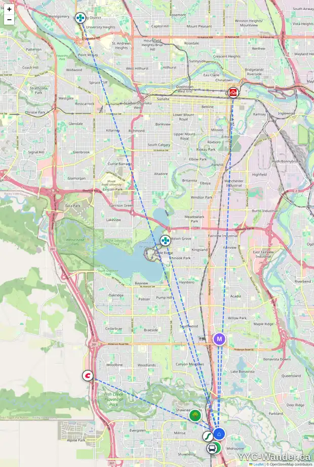 Daily accessibility map for 102 15233 1 ST SE, Calgary showing nearby schools, grocery stores, parks, LRT stations and nearby amenities