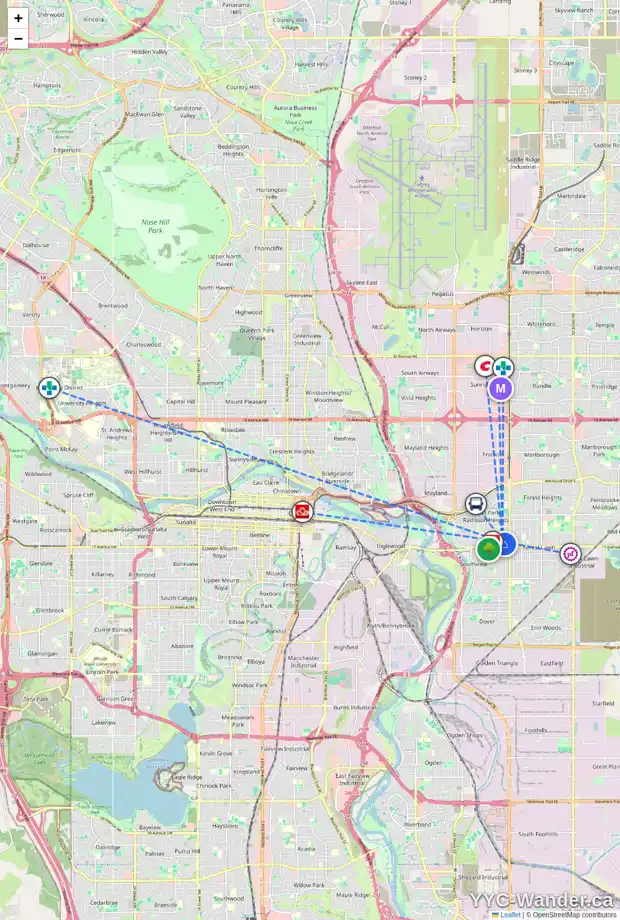 Daily accessibility map for 2 1714 34 ST SE, Calgary showing nearby schools, grocery stores, parks, LRT stations and nearby amenities
