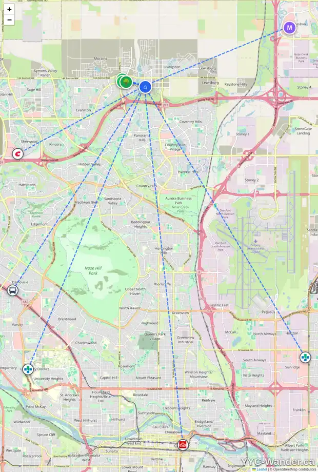 Daily accessibility map for 112 CARRINGVUE ST NW, Calgary showing nearby schools, grocery stores, parks, LRT stations and nearby amenities