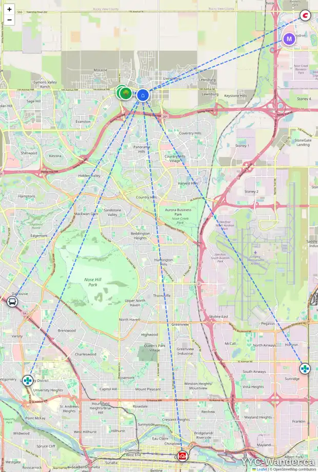 Daily accessibility map for 338 CARRINGVUE MR NW, Calgary showing nearby schools, grocery stores, parks, LRT stations and nearby amenities