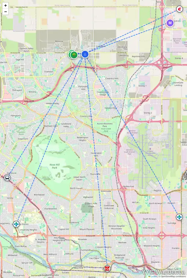 Daily accessibility map for 34 CARRINGVUE DR NW, Calgary showing nearby schools, grocery stores, parks, LRT stations and nearby amenities