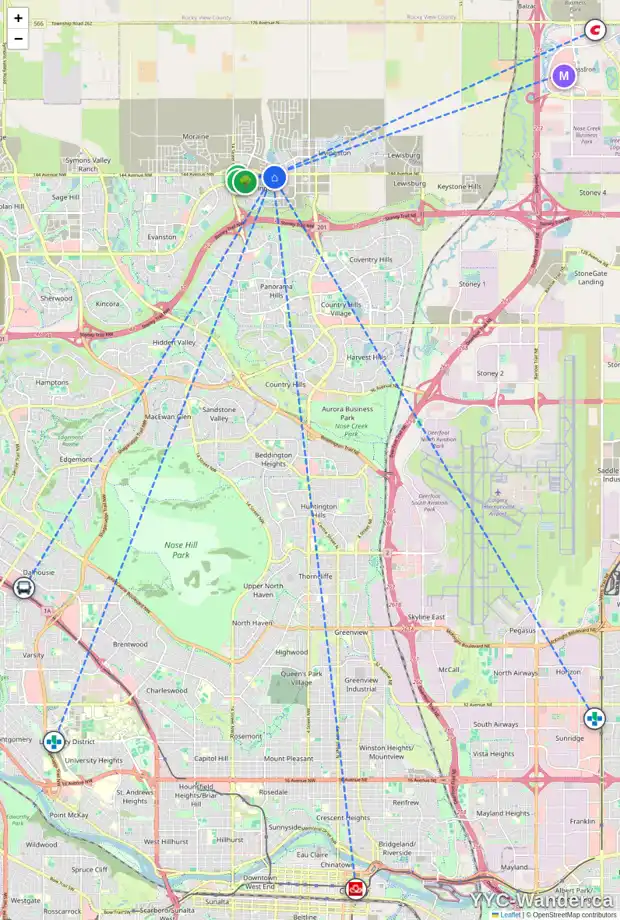 Daily accessibility map for 241 CARRINGVUE MR NW, Calgary showing nearby schools, grocery stores, parks, LRT stations and nearby amenities