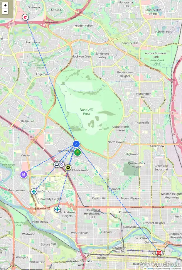Daily accessibility map for 2840 CONRAD DR NW, Calgary showing nearby schools, grocery stores, parks, LRT stations and nearby amenities