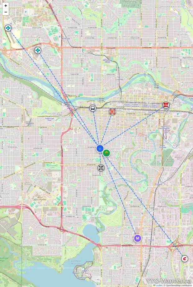 Daily accessibility map for 405 1521 26 AV SW, Calgary showing nearby schools, grocery stores, parks, LRT stations and nearby amenities