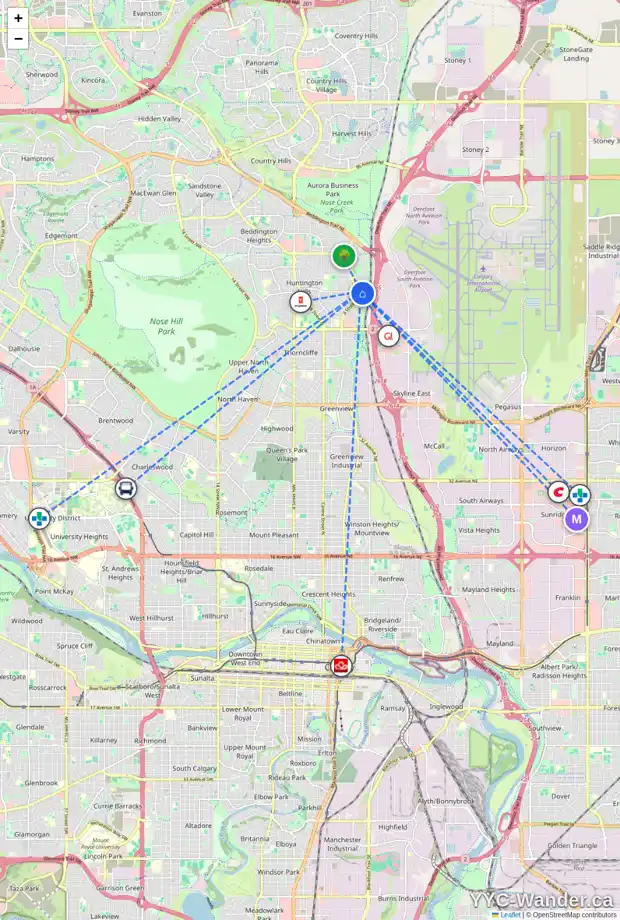 Daily accessibility map for 124 HUNTWELL RD NE, Calgary showing nearby schools, grocery stores, parks, LRT stations and nearby amenities