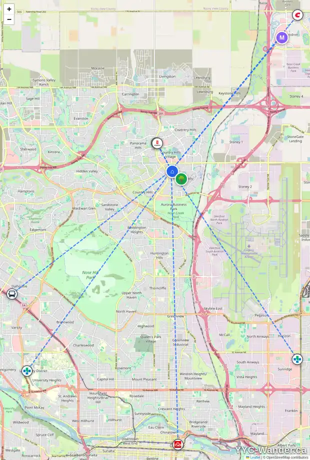 Daily accessibility map for 218 HARVEST OAK RI NE, Calgary showing nearby schools, grocery stores, parks, LRT stations and nearby amenities