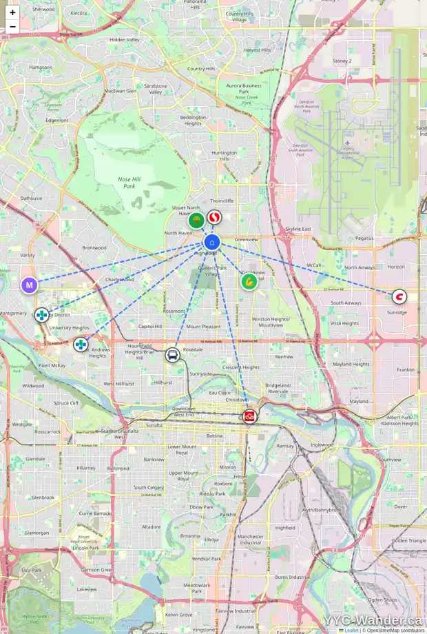Daily accessibility map for 307 HENDON DR NW, Calgary showing nearby schools, grocery stores, parks, LRT stations and nearby amenities