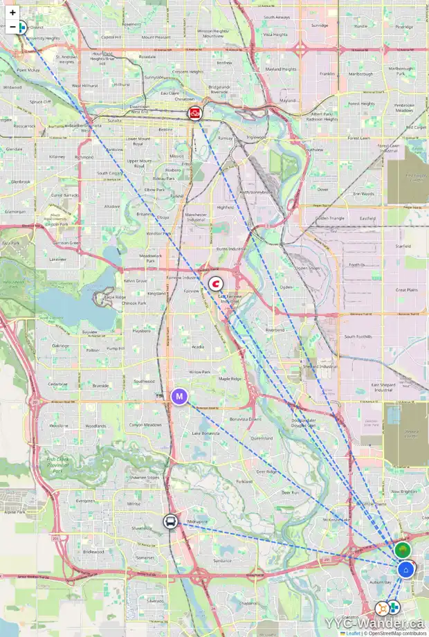 Daily accessibility map for 47 AUBURN MEADOWS WY SE, Calgary showing nearby schools, grocery stores, parks, LRT stations and nearby amenities