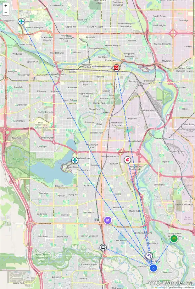 Daily accessibility map for 160 DEERPATH RD SE, Calgary showing nearby schools, grocery stores, parks, LRT stations and nearby amenities