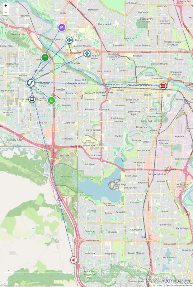 Daily accessibility map for 1165 STRATHCONA DR SW, Calgary showing nearby schools, grocery stores, parks, LRT stations and nearby amenities