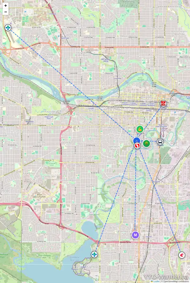 Daily accessibility map for 537 23 AV SW, Calgary showing nearby schools, grocery stores, parks, LRT stations and nearby amenities