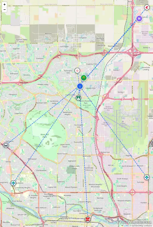 Daily accessibility map for 16 COUNTRY HILLS WY NW, Calgary showing nearby schools, grocery stores, parks, LRT stations and nearby amenities