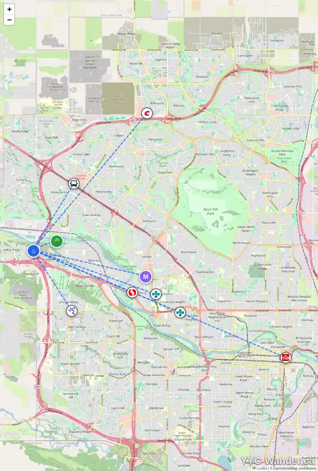 Daily accessibility map for 78 VALLEY GLEN HT NW, Calgary showing nearby schools, grocery stores, parks, LRT stations and nearby amenities
