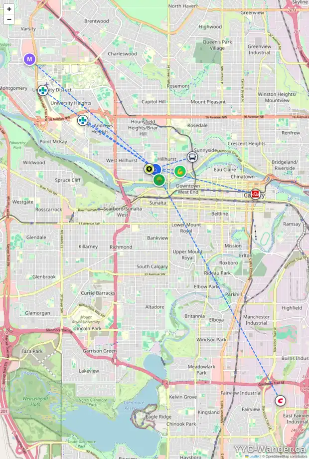 Daily accessibility map for 1 1812 KENSINGTON RD NW, Calgary showing nearby schools, grocery stores, parks, LRT stations and nearby amenities