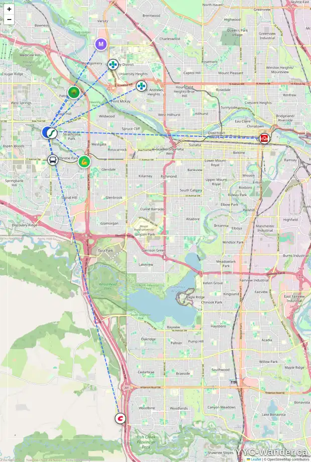Daily accessibility map for 1193 STRATHCONA DR SW, Calgary showing nearby schools, grocery stores, parks, LRT stations and nearby amenities