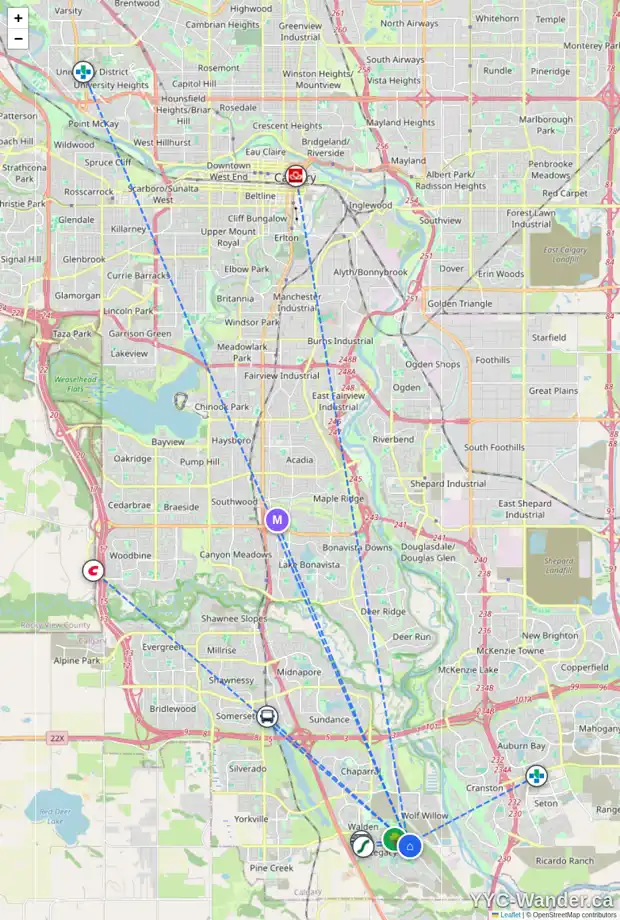 Daily accessibility map for 24 WALCREST VW SE, Calgary showing nearby schools, grocery stores, parks, LRT stations and nearby amenities