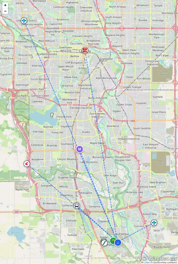 Daily accessibility map for 28 WALCREST VW SE, Calgary showing nearby schools, grocery stores, parks, LRT stations and nearby amenities