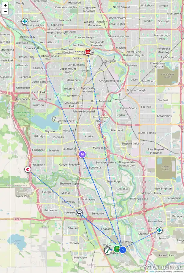 Daily accessibility map for 84 WALCREST VW SE, Calgary showing nearby schools, grocery stores, parks, LRT stations and nearby amenities