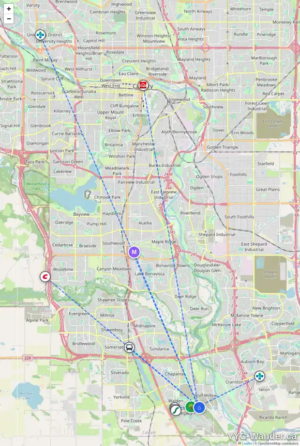 Daily accessibility map for 106 WALCREST VW SE, Calgary showing nearby schools, grocery stores, parks, LRT stations and nearby amenities