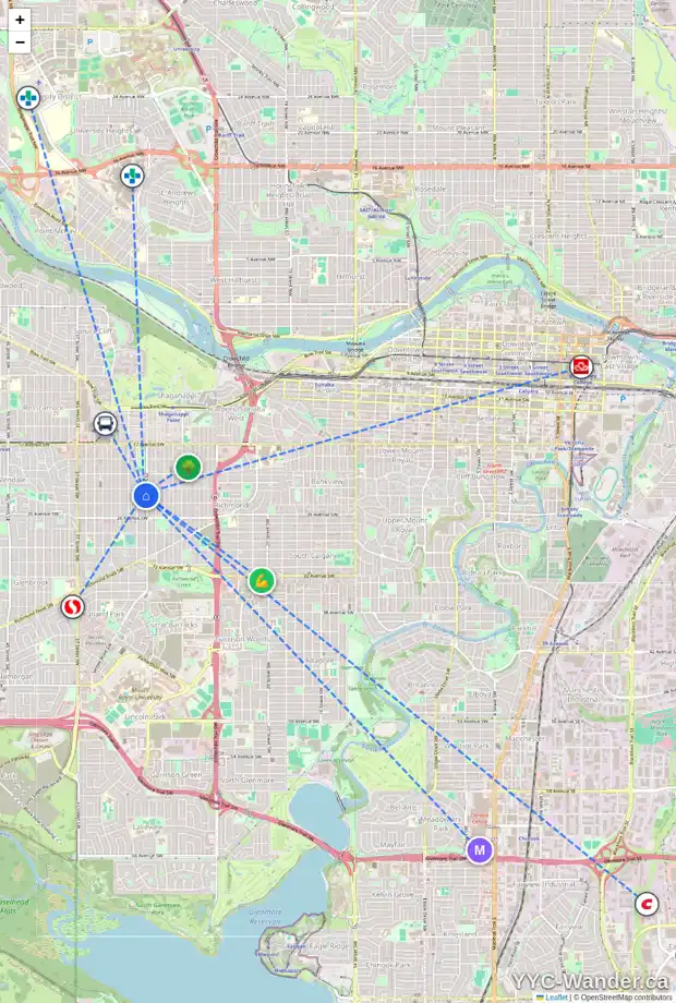 Daily accessibility map for 2419 29 ST SW, Calgary showing nearby schools, grocery stores, parks, LRT stations and nearby amenities