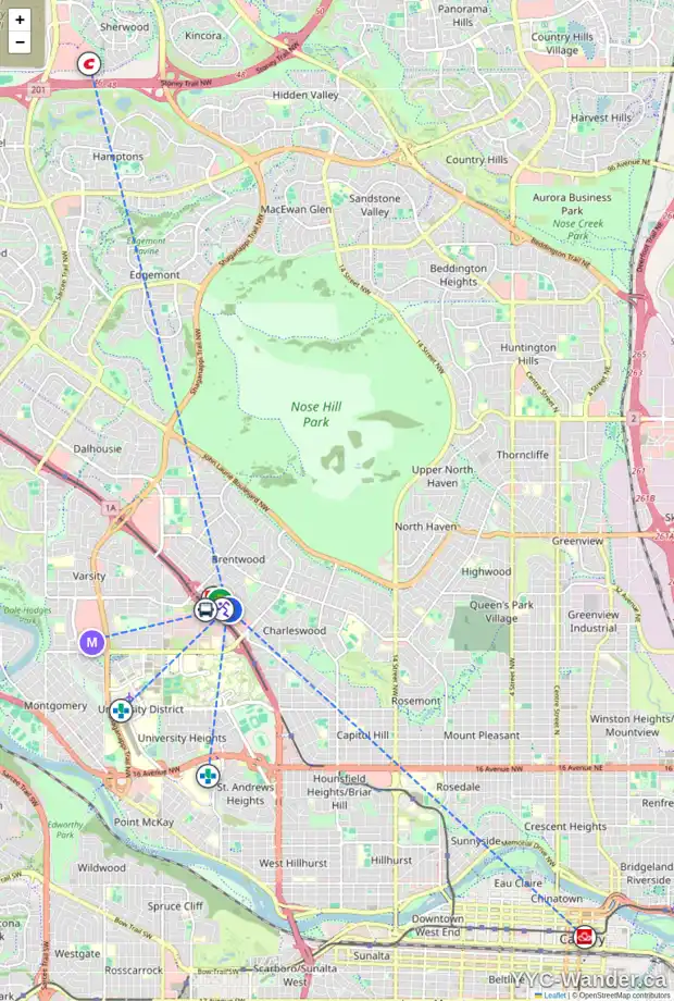 Daily accessibility map for 705 10 BRENTWOOD CM NW, Calgary showing nearby schools, grocery stores, parks, LRT stations and nearby amenities