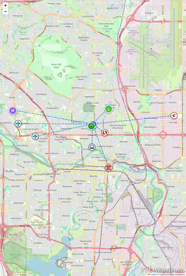 Daily accessibility map for 2418 5 ST NW, Calgary showing nearby schools, grocery stores, parks, LRT stations and nearby amenities