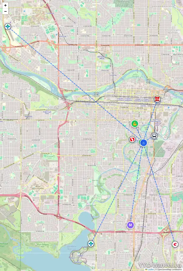 Daily accessibility map for 630 135 26 AV SW, Calgary showing nearby schools, grocery stores, parks, LRT stations and nearby amenities