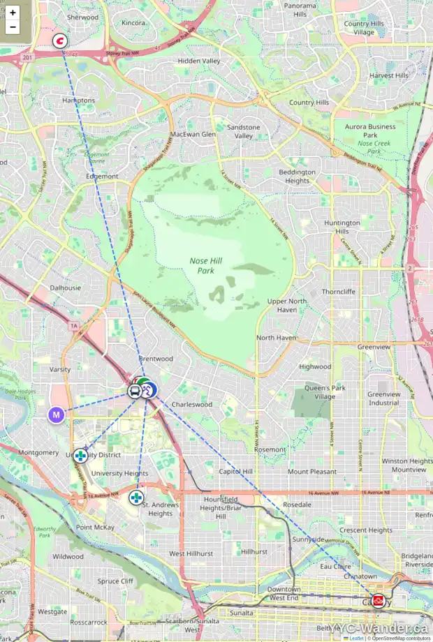 Daily accessibility map for 810 30 BRENTWOOD CM NW, Calgary showing nearby schools, grocery stores, parks, LRT stations and nearby amenities